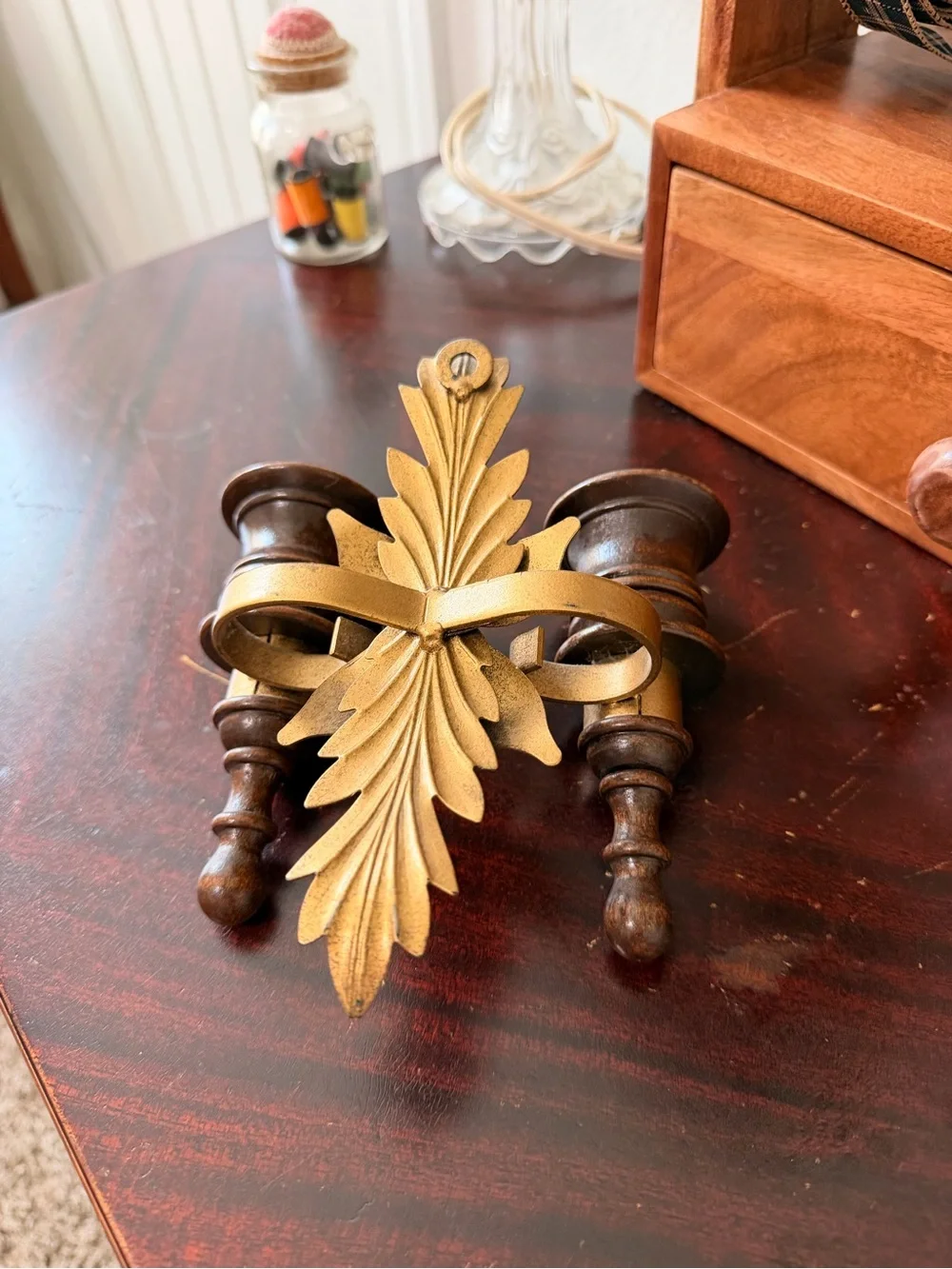 Antique Wood and Gold Double Wall sconce
